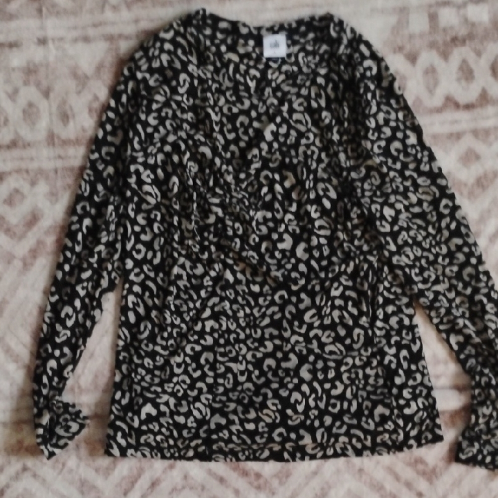 CAbi Women's Size Large Black and Cream Semi Sheer Leopard Print Top